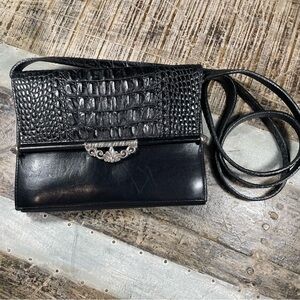Brighton Black Crossbody Bag with Elegant Faux Croc Texture Silver Accents